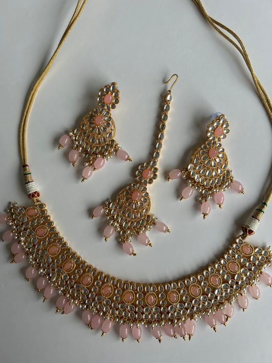 Baby Pink Necklace Earrings Tikka Set