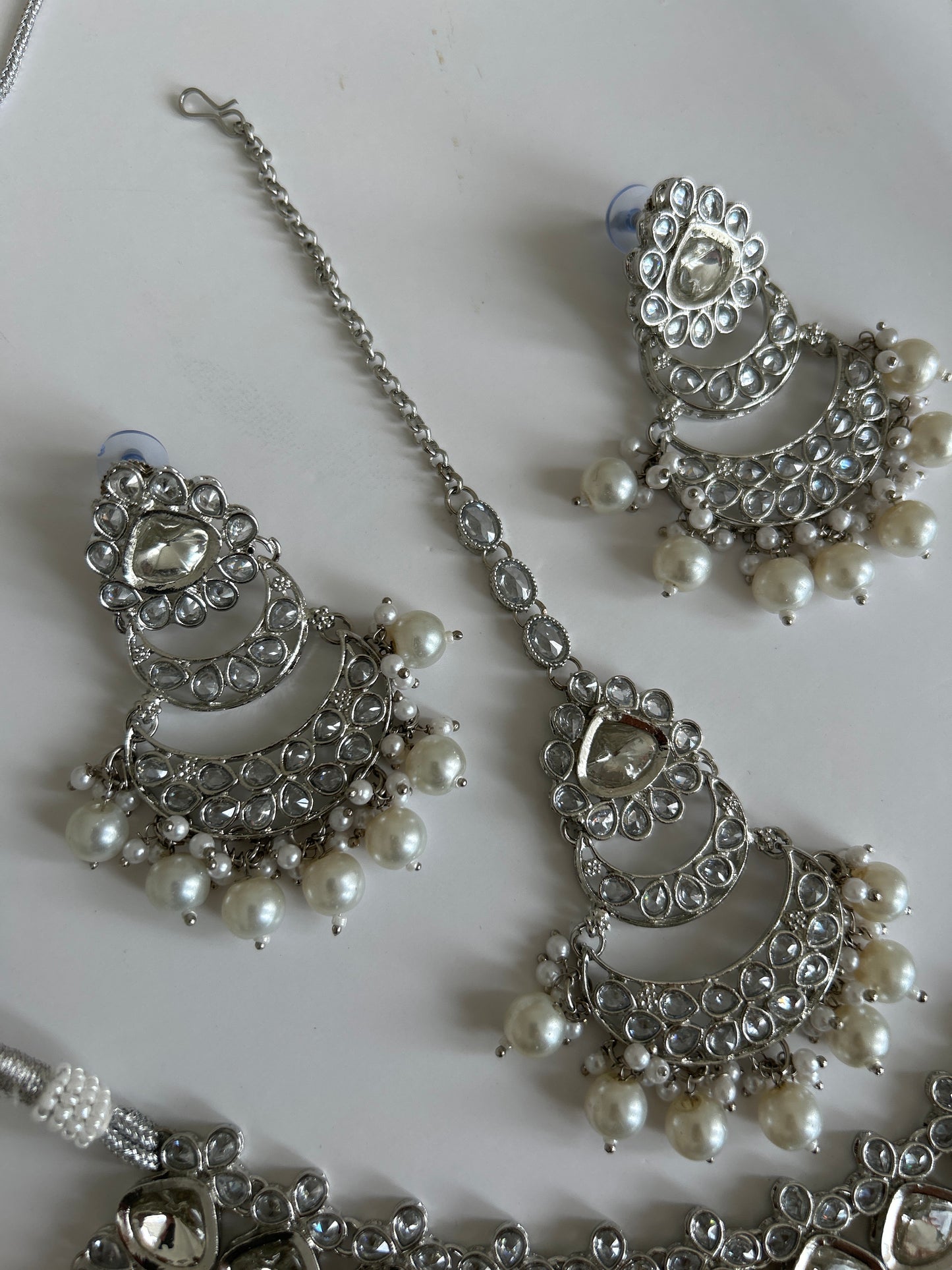 Silver Pearl Crystal Necklace Earrings Tikka Set