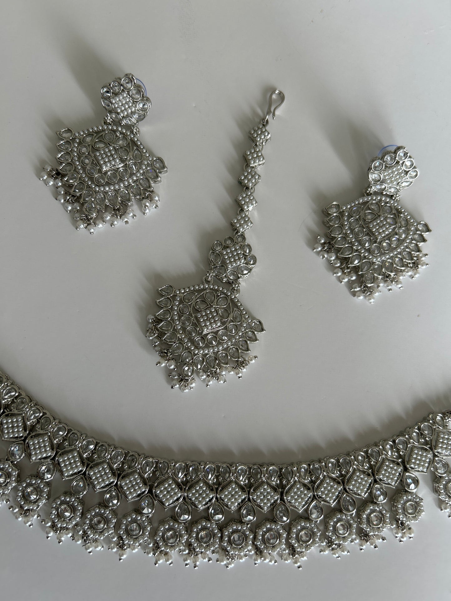Pearl Silver Necklace Earrings Tikka Set