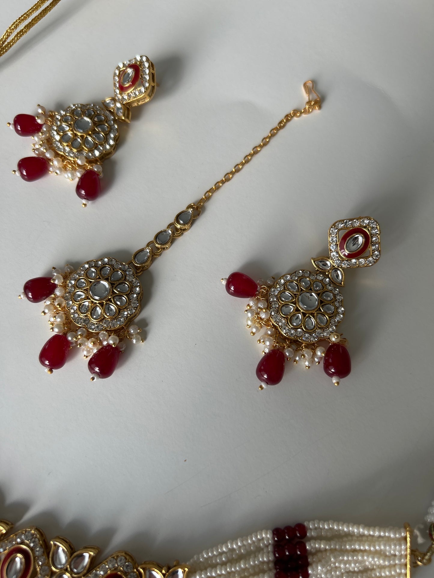 Red necklace earrings tikka set