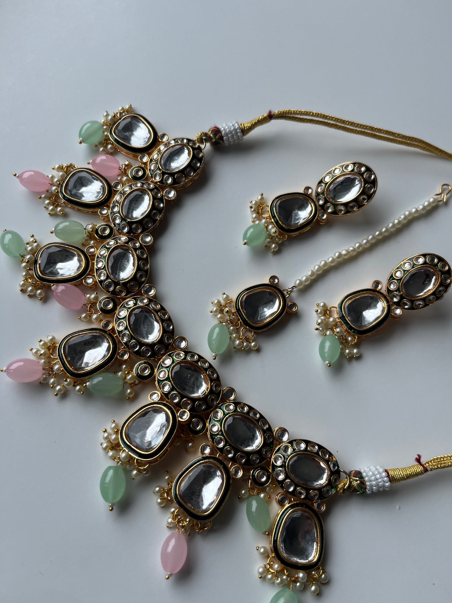 Faux Kundan Baby Green and Pink Set