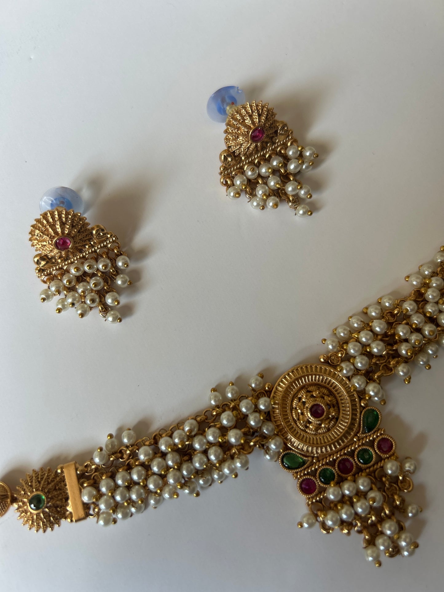Faux Gold Pearl Necklace Earrings