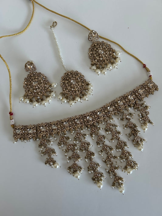 Gold Waterfall Necklace Earring Tikka Set