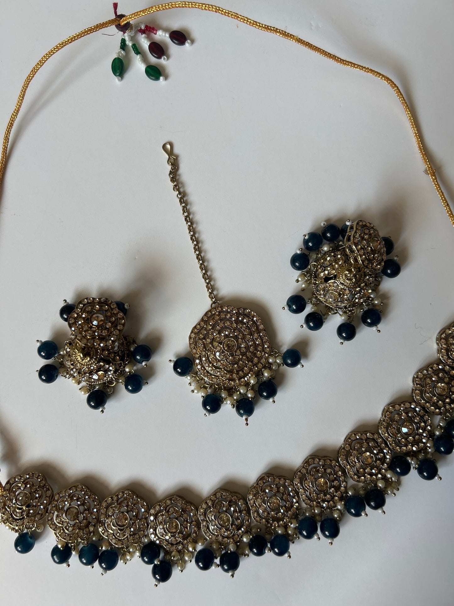 Dark Blue Necklace Earrings Tikka Set