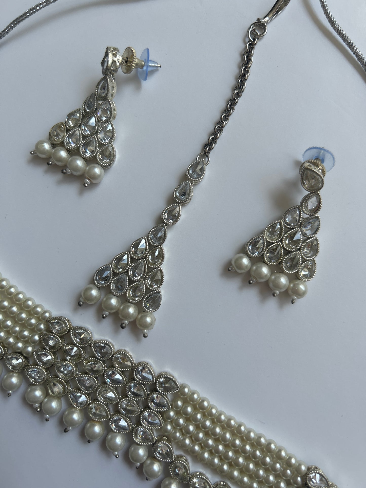 Silver Pearl Necklace Earrings Tikka Set