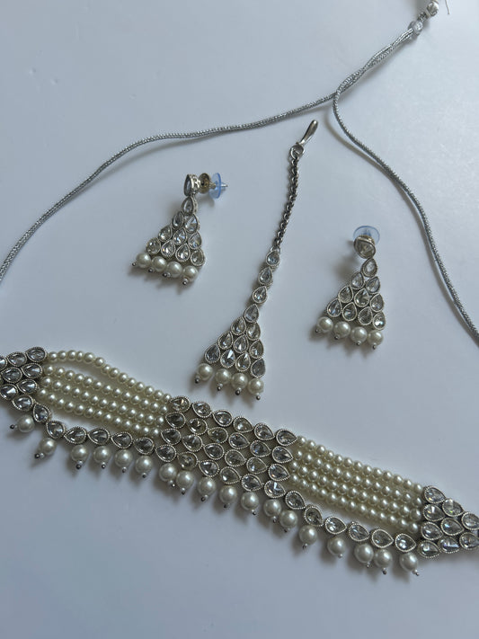 Silver Pearl Necklace Earrings Tikka Set