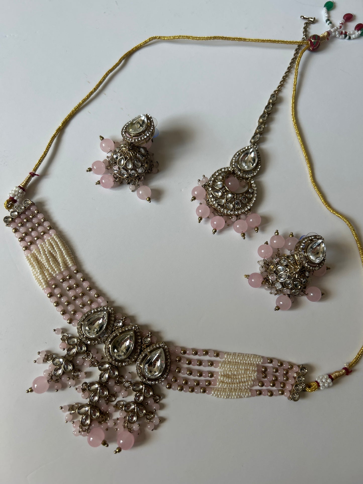 Light Pink Pearl Necklace Earrings Tikka Set