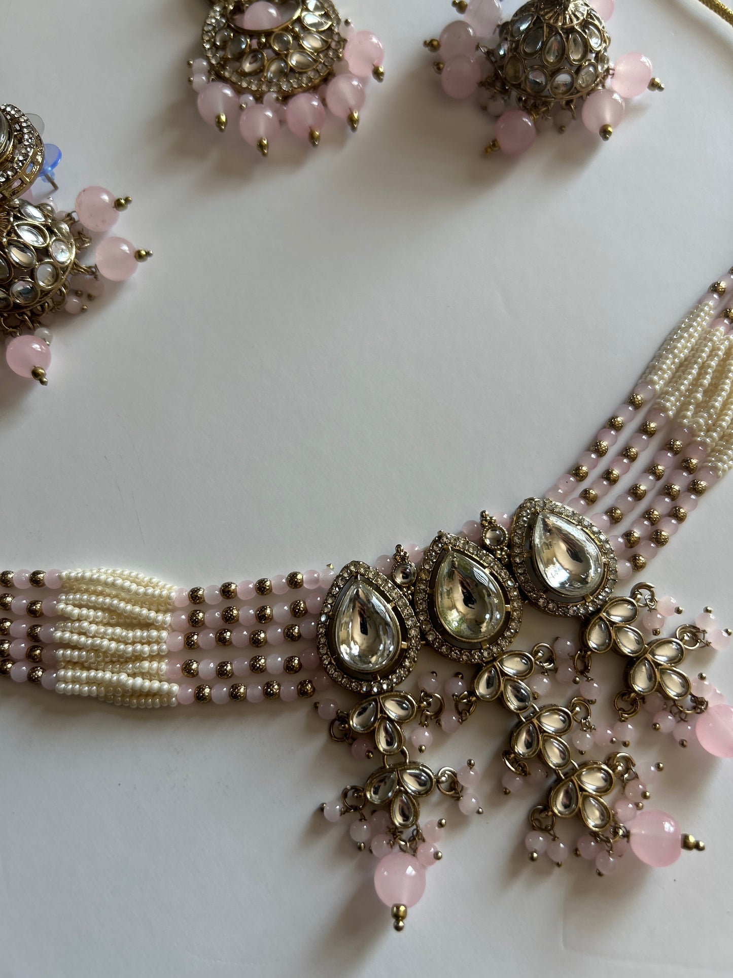 Light Pink Pearl Necklace Earrings Tikka Set