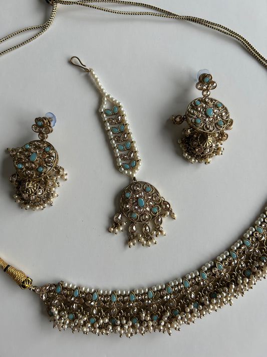 Aqua Pearls Necklace Earrings Tikka Set