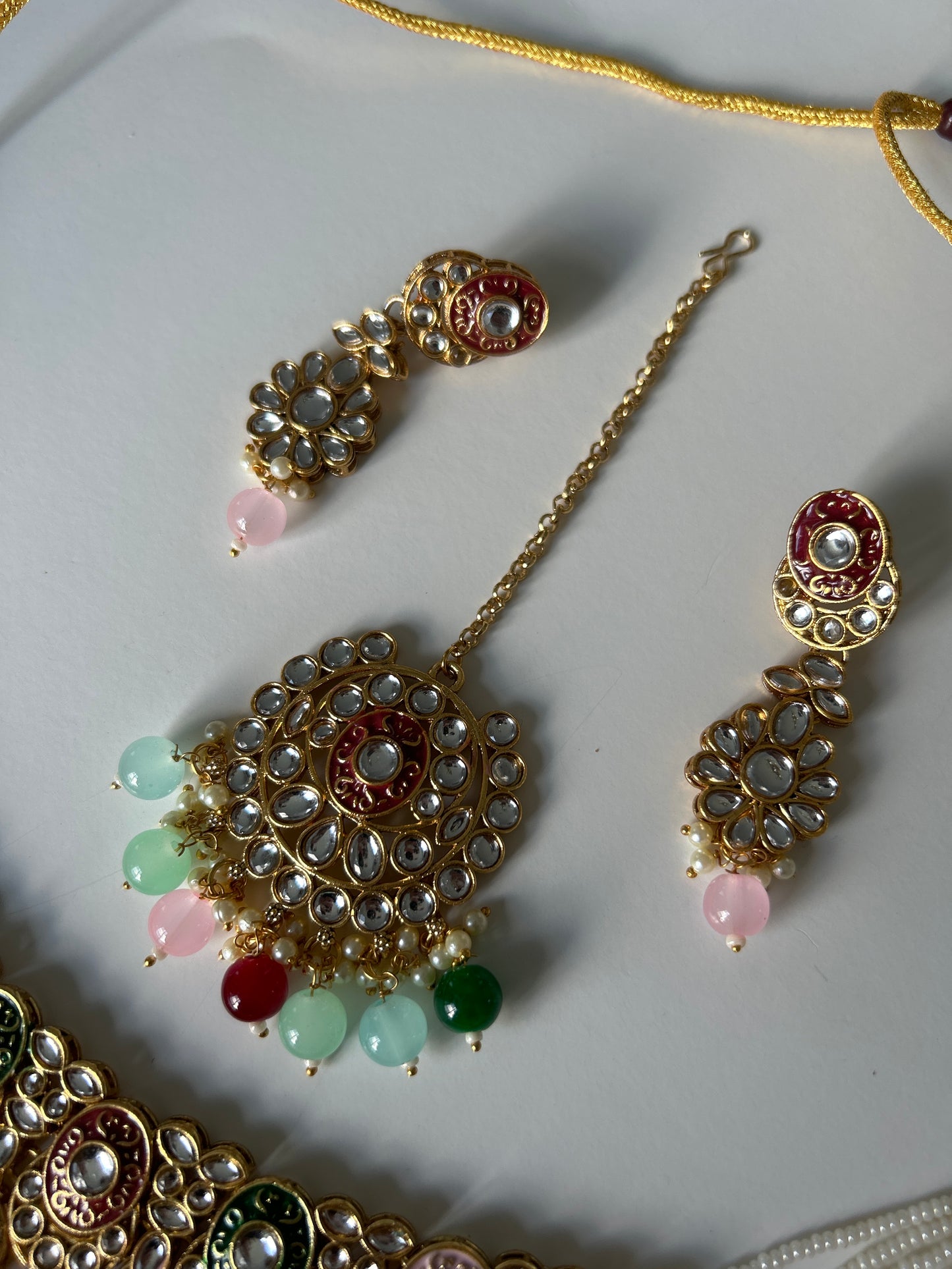 Multi Color Crystal Necklace Earrings Tikka Set