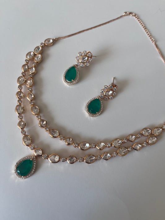 Emerald green double kundan set