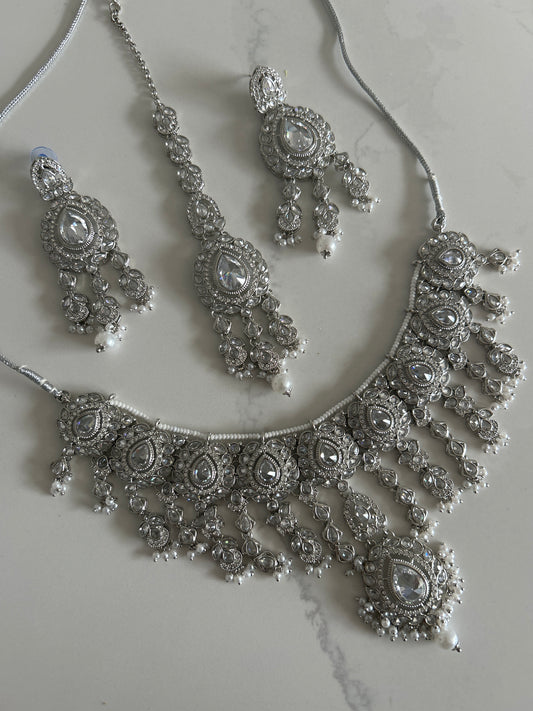 Silver Rainfall Earrings Tikka Necklace Set