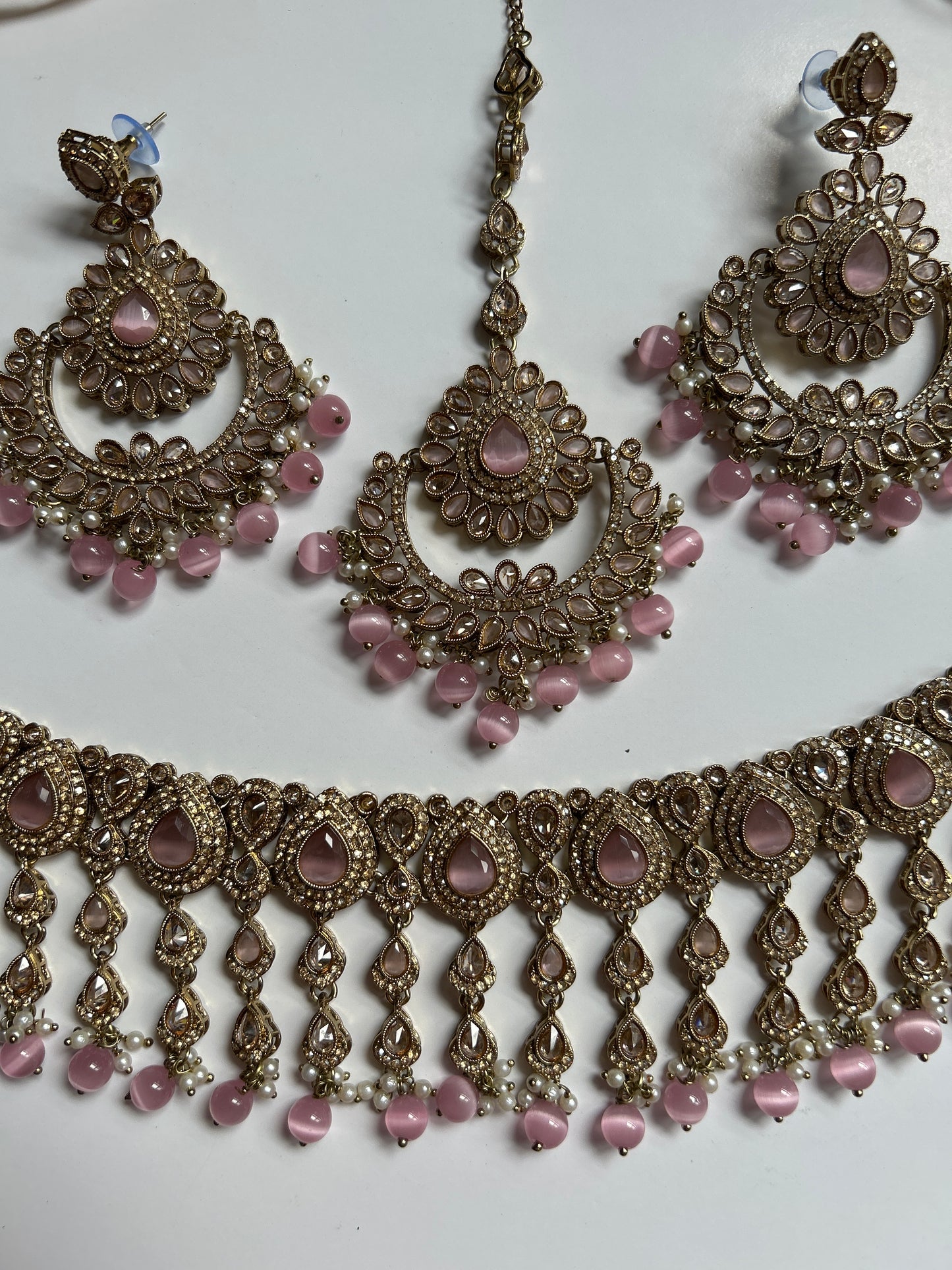 Pink Drop Necklace Earrings Tikka Sets