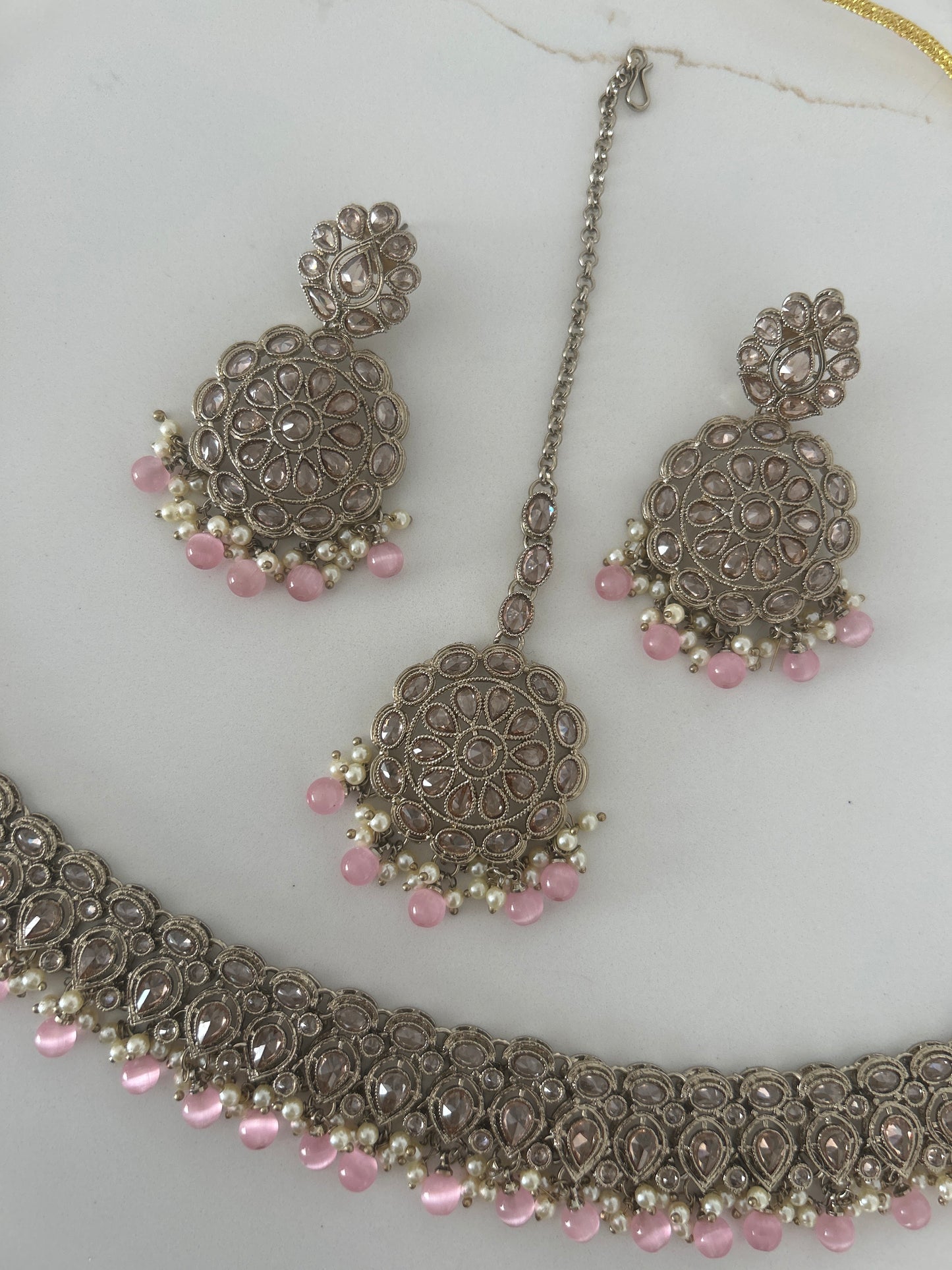 Pink Necklace Earrings Tikka Set