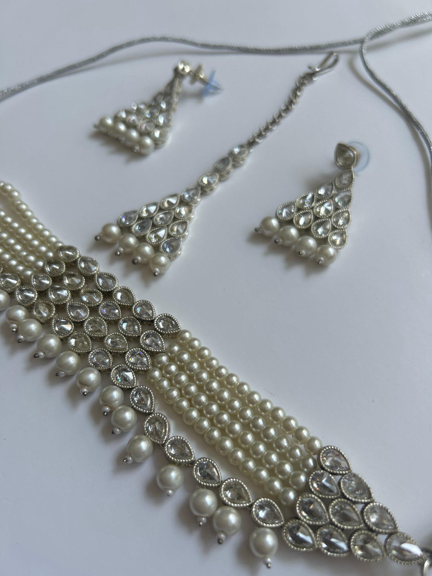 Silver Pearl Necklace Earrings Tikka Set