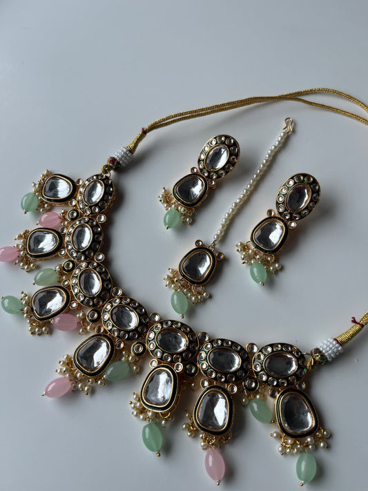 Faux Kundan Baby Green and Pink Set