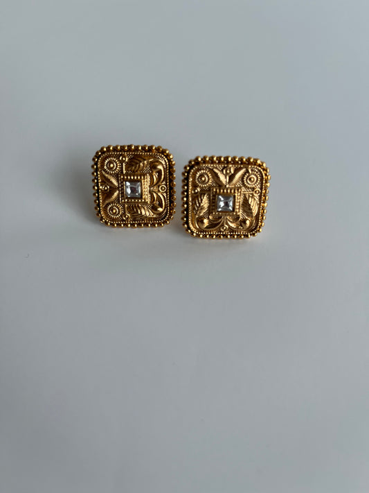 Square Crystal Antique Gold Studs