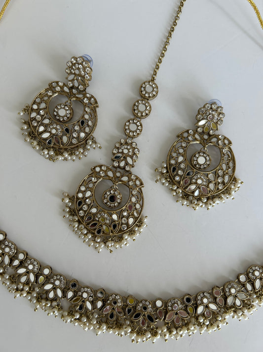 Mirrored Necklace Earrings Tikka Set