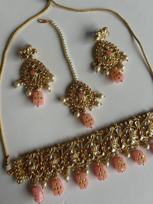Pink Gold Necklace Earrings Tikka Set