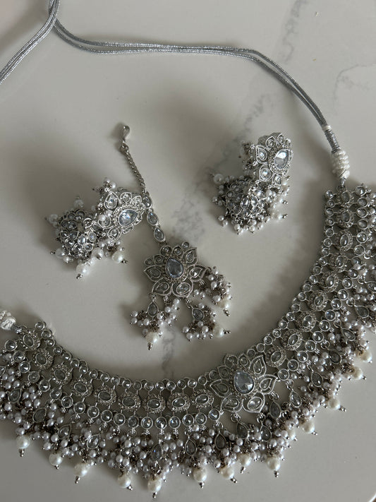 Silver Jumke Earring Tikka Necklace Set