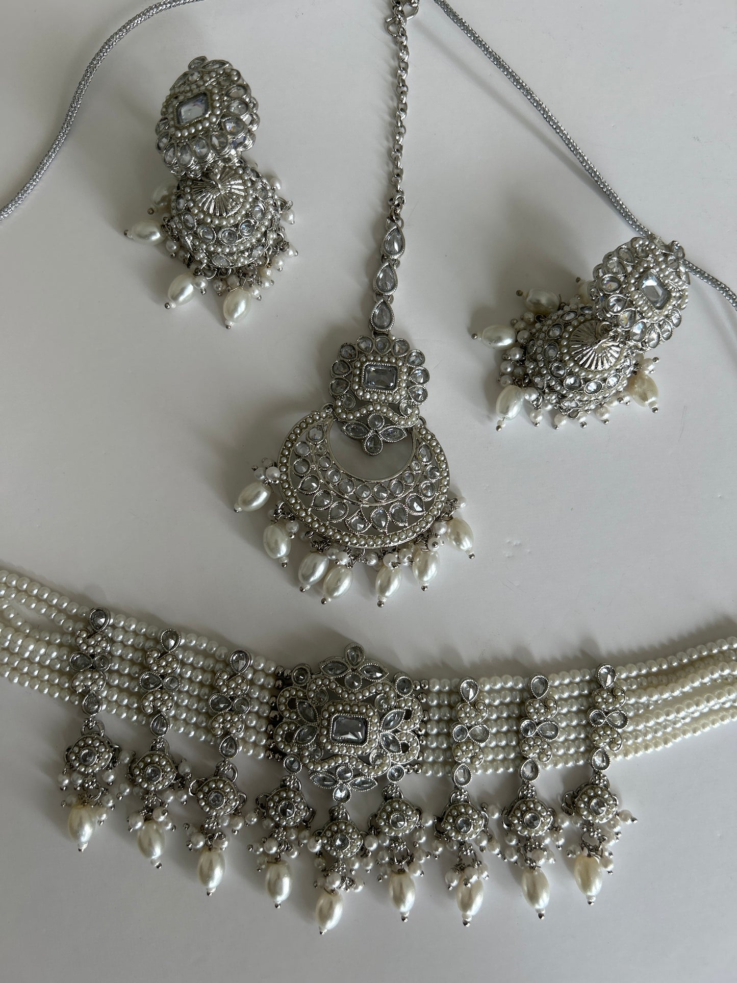 Pearl Crystal Silver Necklace Earrings Tikka Set