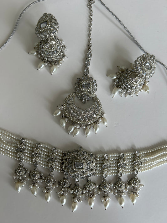 Pearl Crystal Silver Necklace Earrings Tikka Set