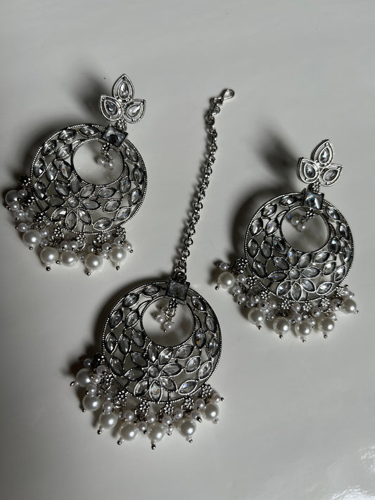 Silver Polki Earring Tikka Set