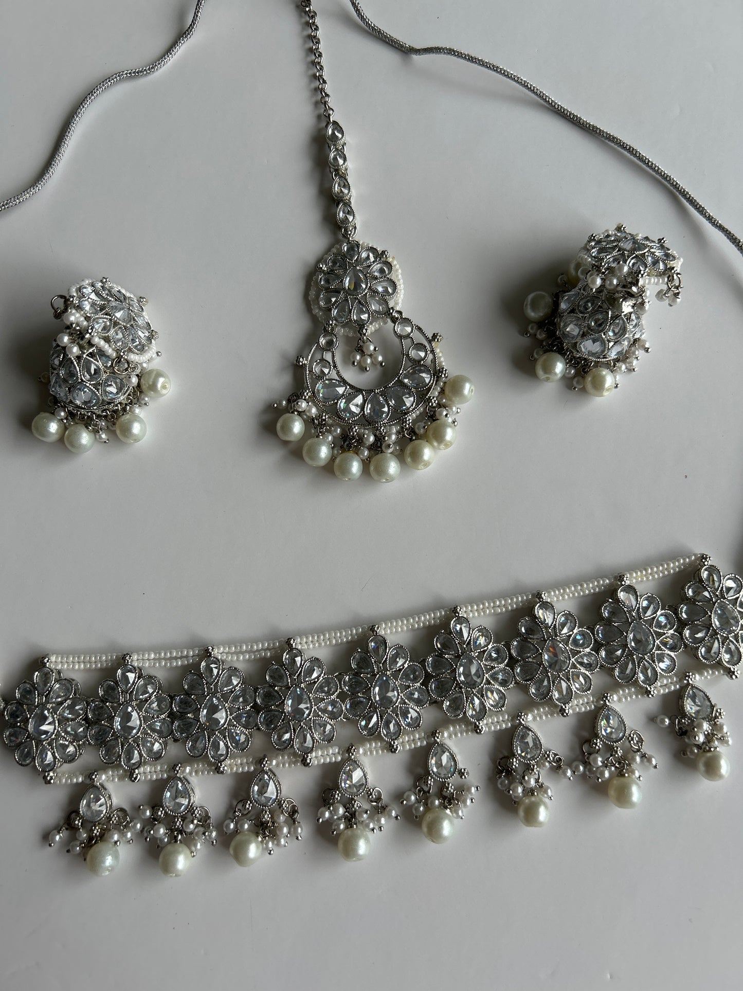 Silver Crystal Flower Necklace Earrings Tikka Set