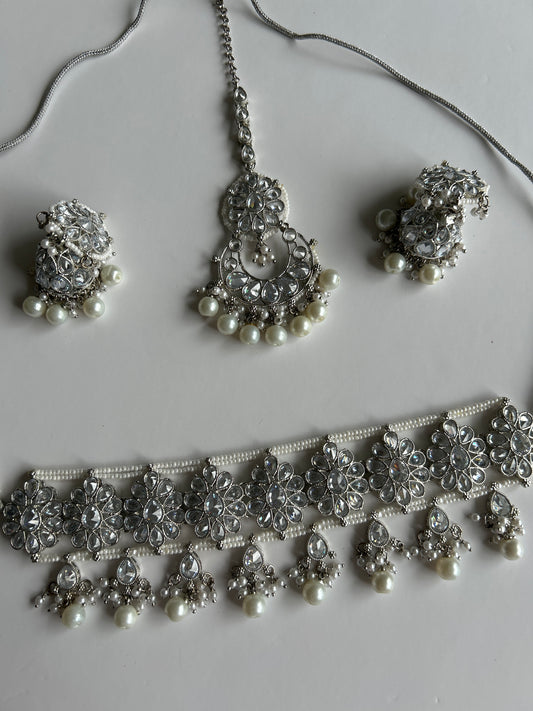 Silver Crystal Flower Necklace Earrings Tikka Set