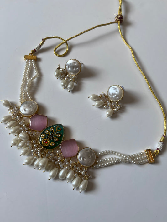 Baby pink And Green Pearl Statement Choker