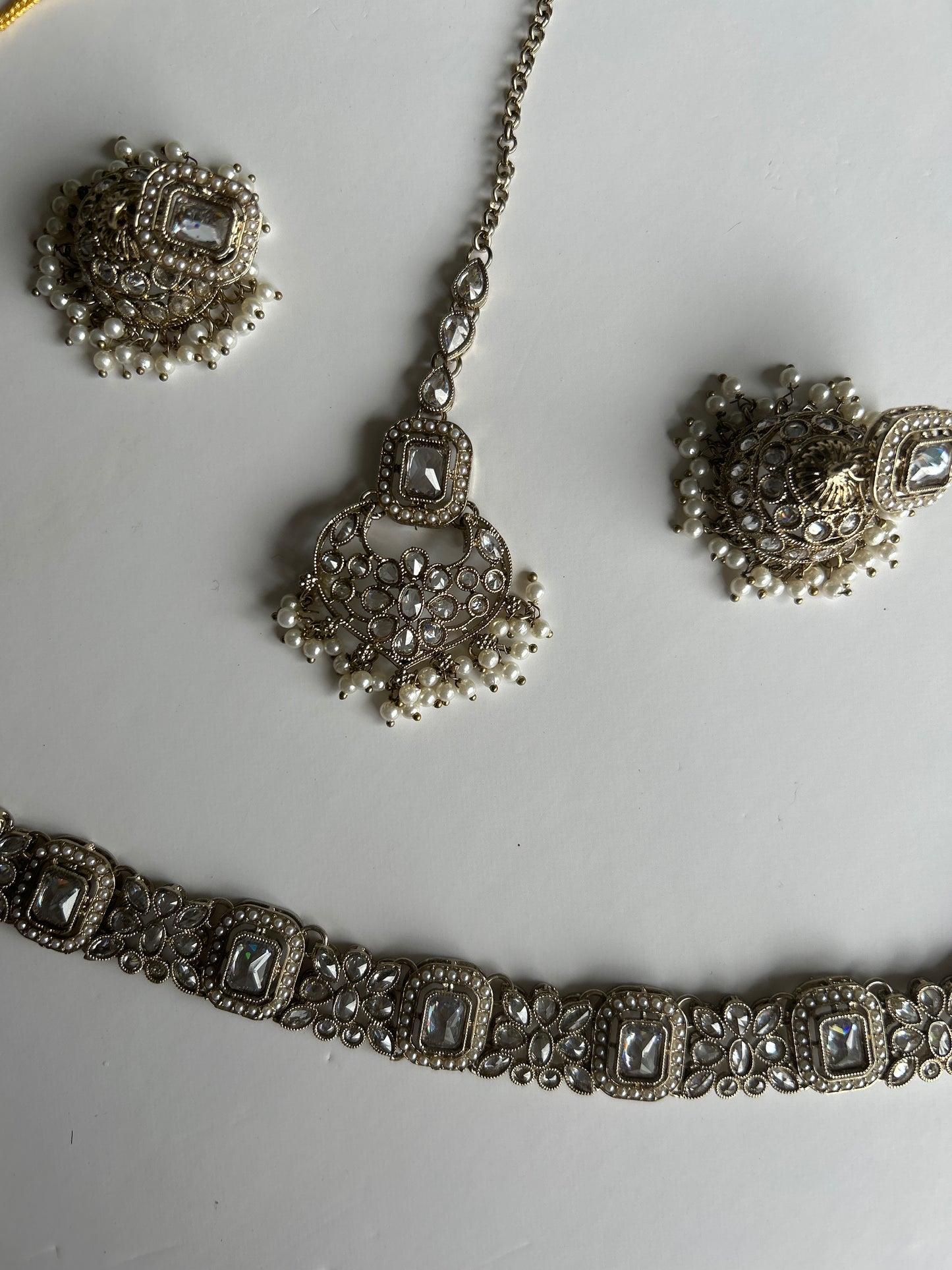 Rectangle Flower Crystal Necklace Earrings Tikka Set