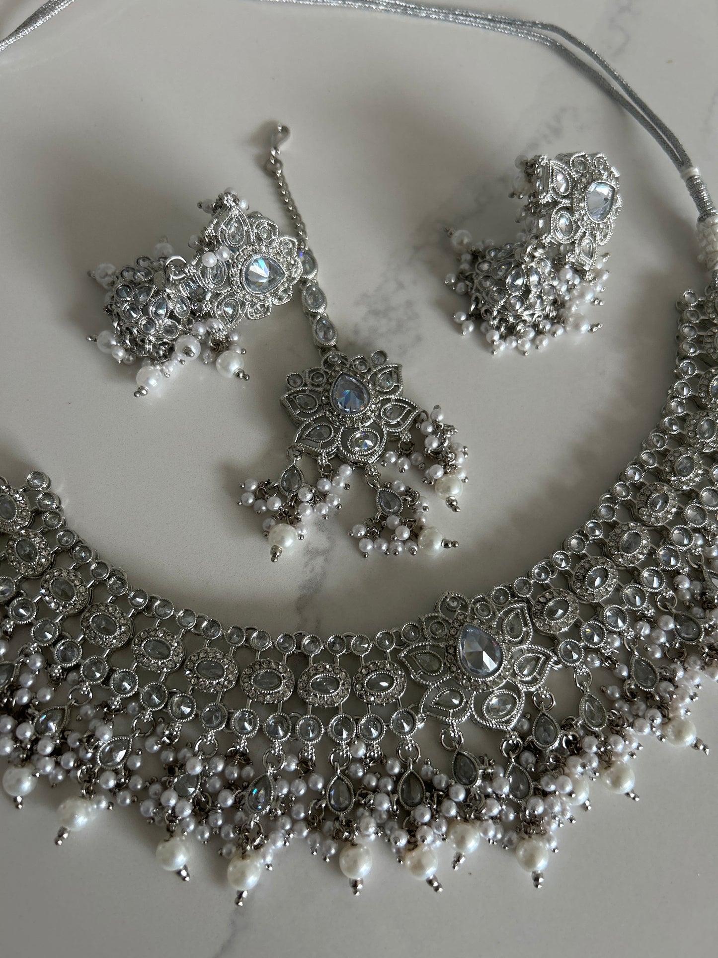 Silver Jumke Earring Tikka Necklace Set