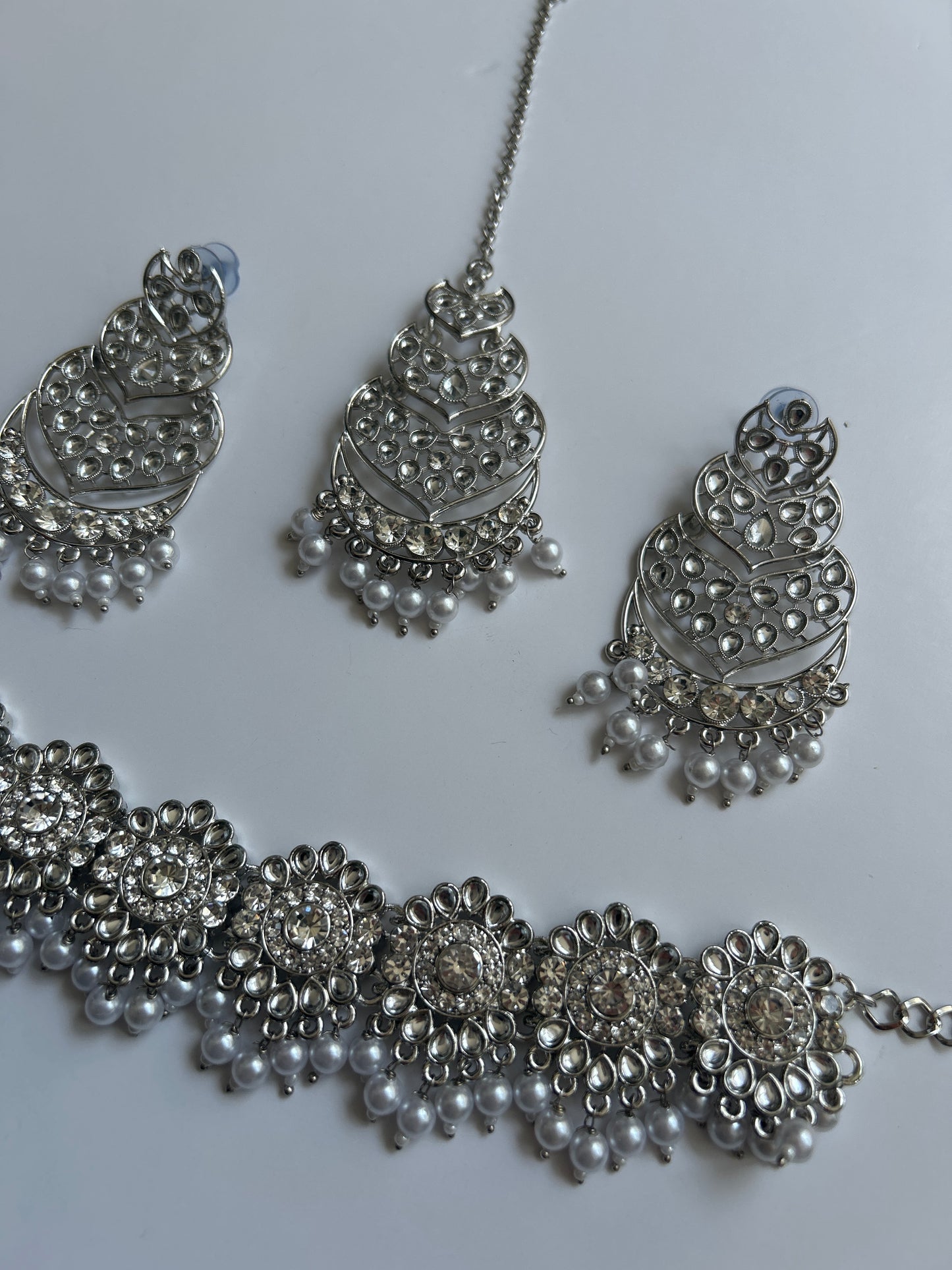 Silver Timeless Necklace Earrings Tikka Set