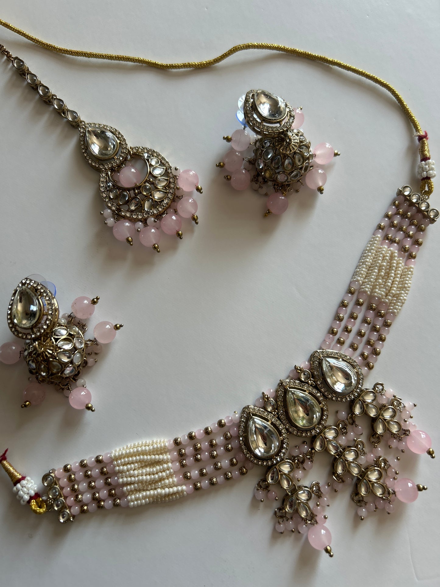 Light Pink Pearl Necklace Earrings Tikka Set