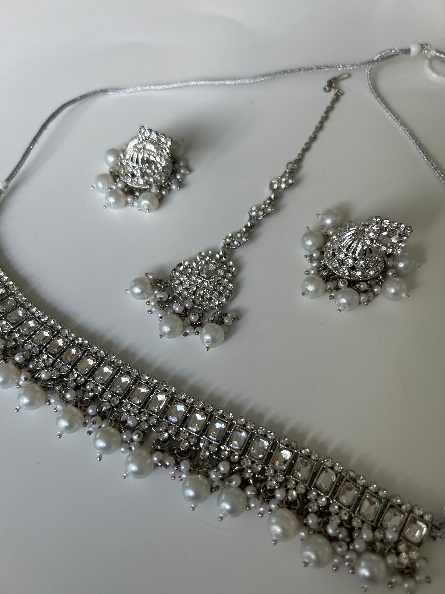 Rectangle Silver Pearl Crystal Necklace Earrings Tikka Set