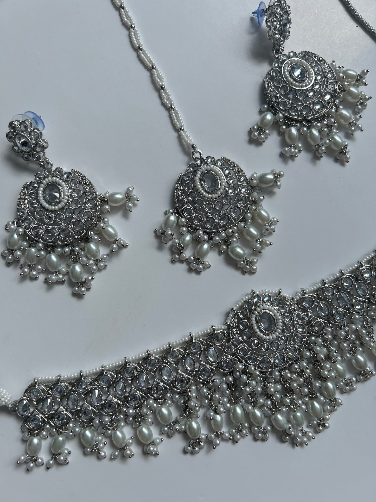 Silver Pendant Necklace Earrings Tikka Set