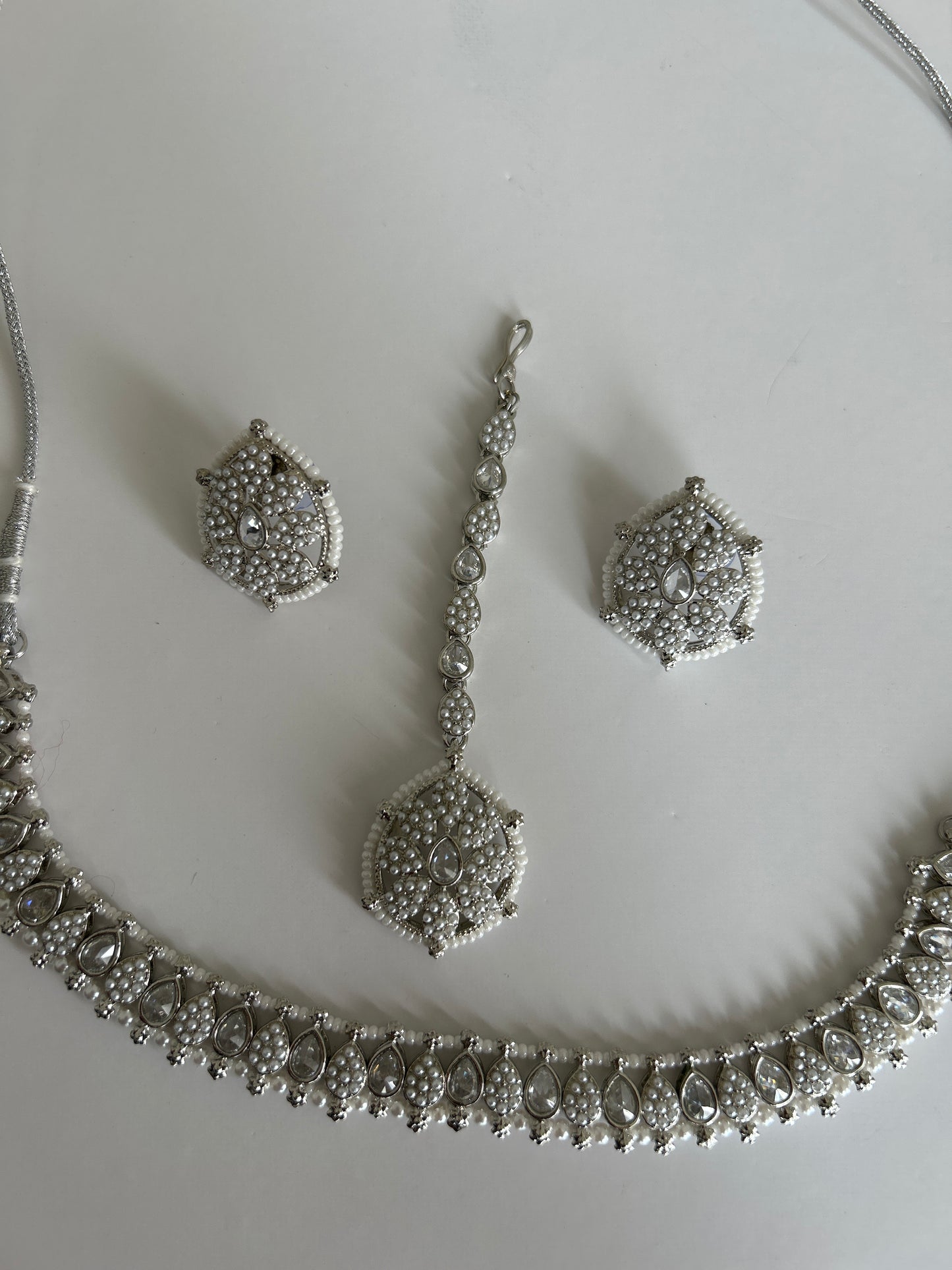 Pearl Crystal Necklace Earrings Tikka Set