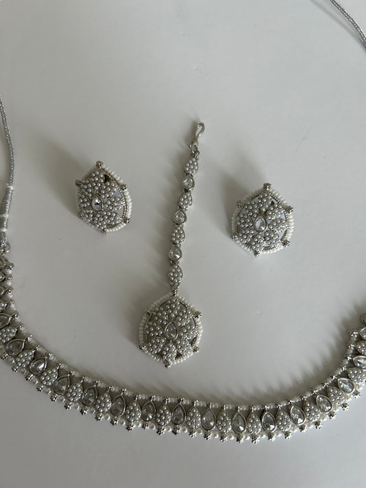 Pearl Crystal Necklace Earrings Tikka Set