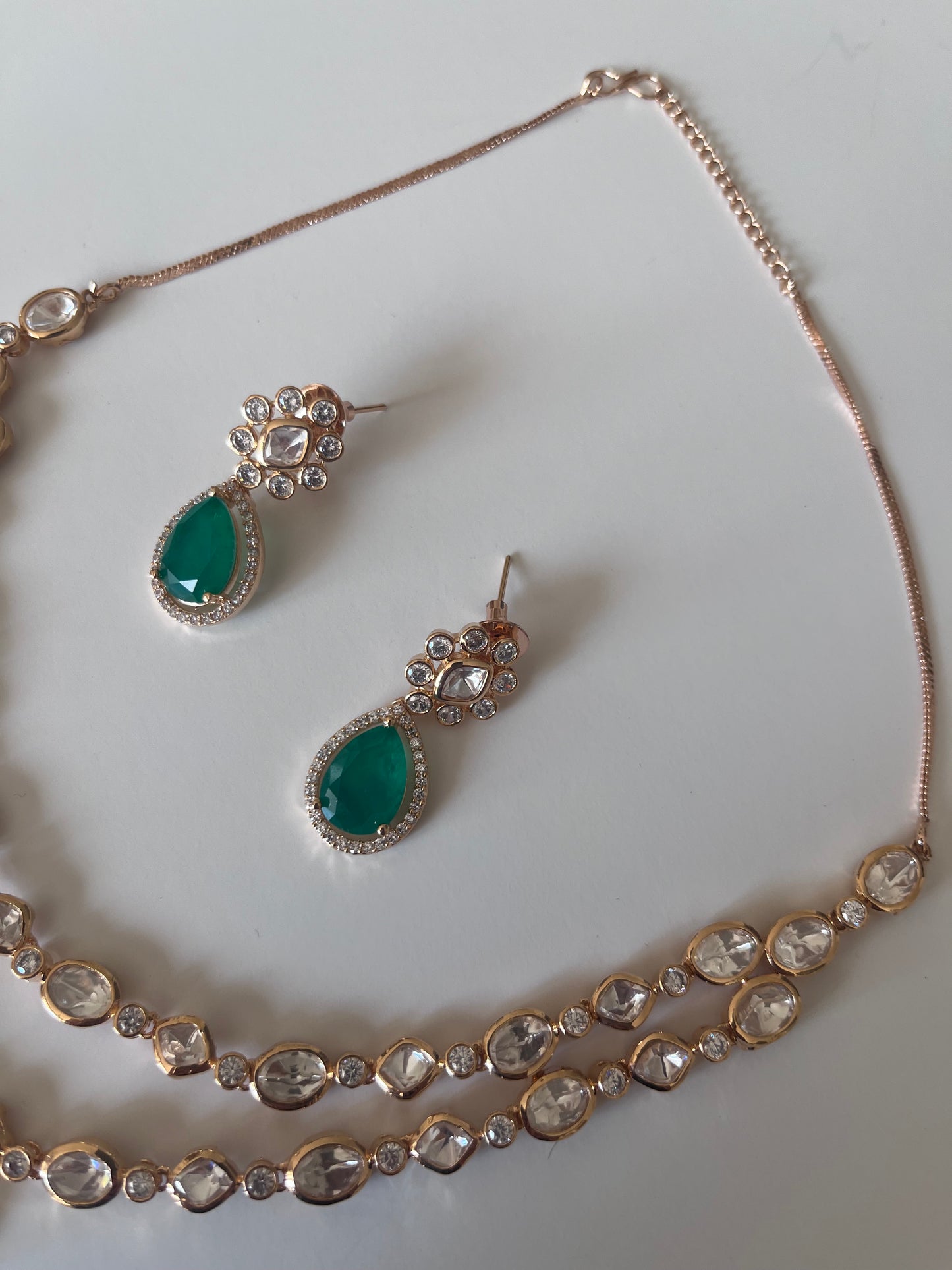 Emerald green double kundan set