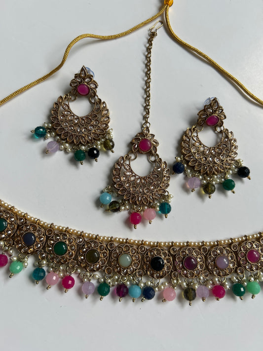 Stunning Multicoloured Necklace Earrings Tikka Set