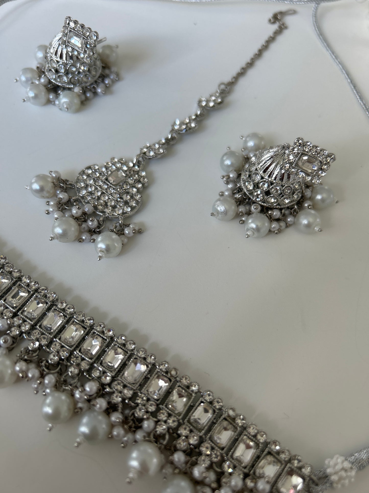 Rectangle Silver Pearl Crystal Necklace Earrings Tikka Set