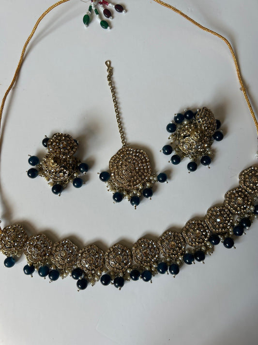 Dark Blue Necklace Earrings Tikka Set