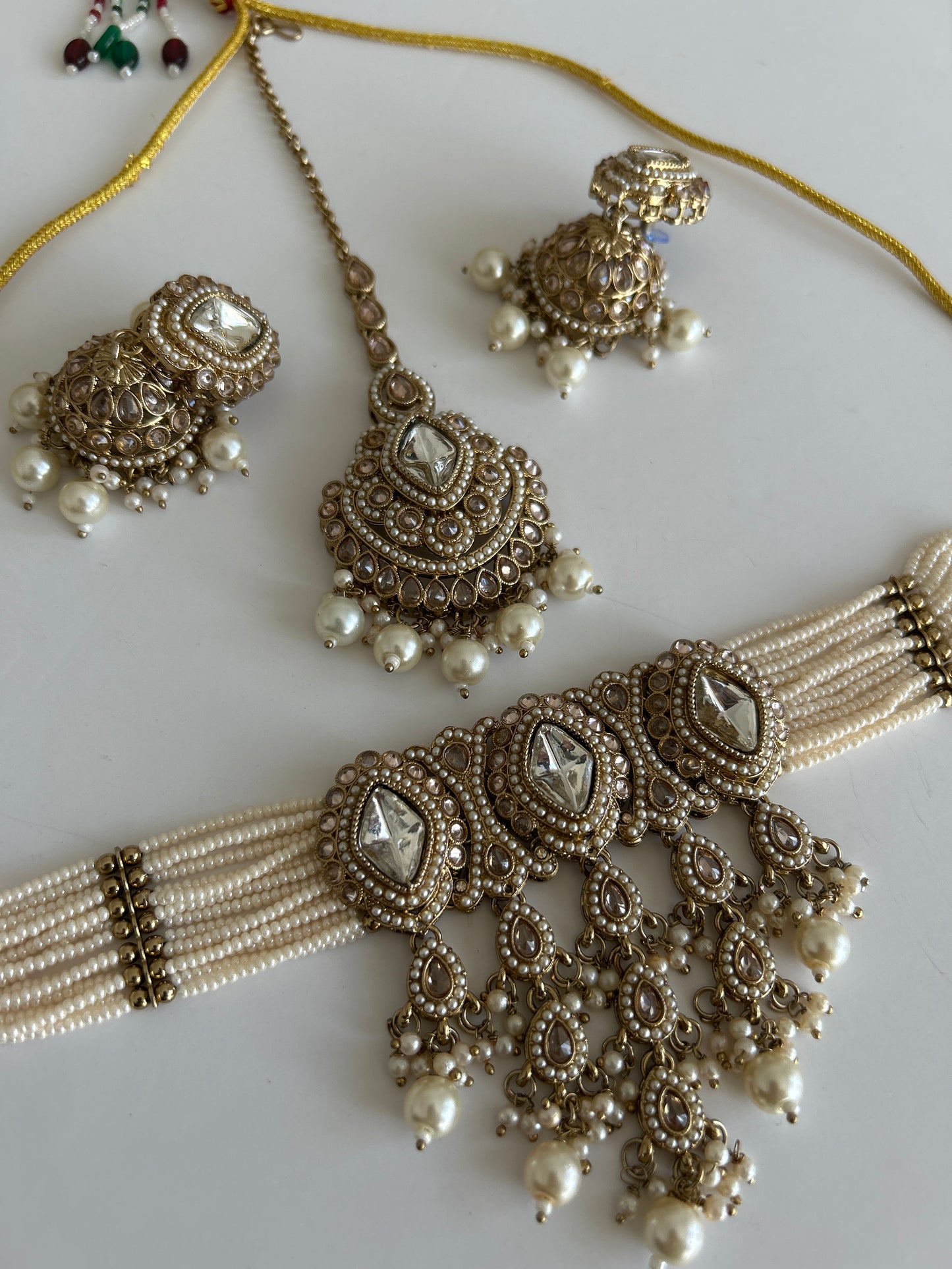 Pearl Diamond Shape Drop Necklace Earrings Tikka Set