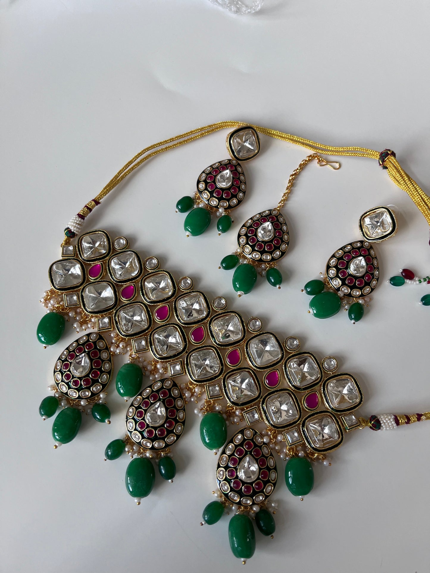 Pink Green Kundan Statement Set