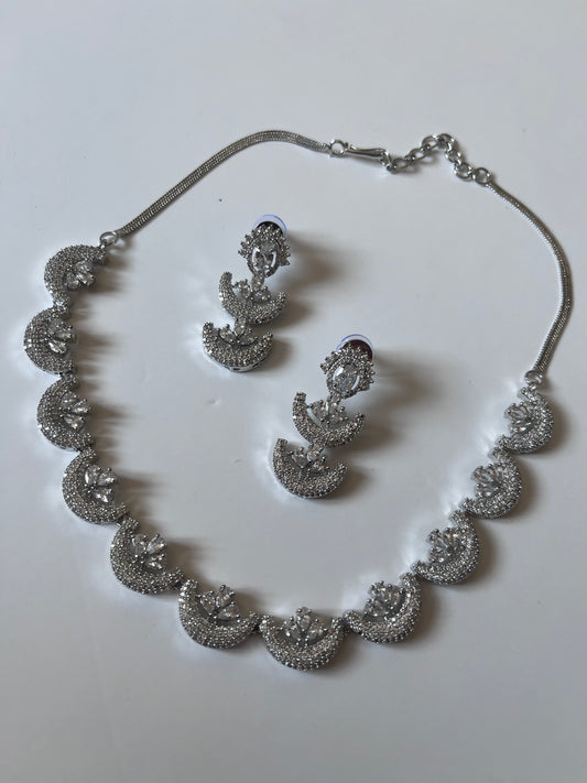 American Diamond Half Moon Silver Set