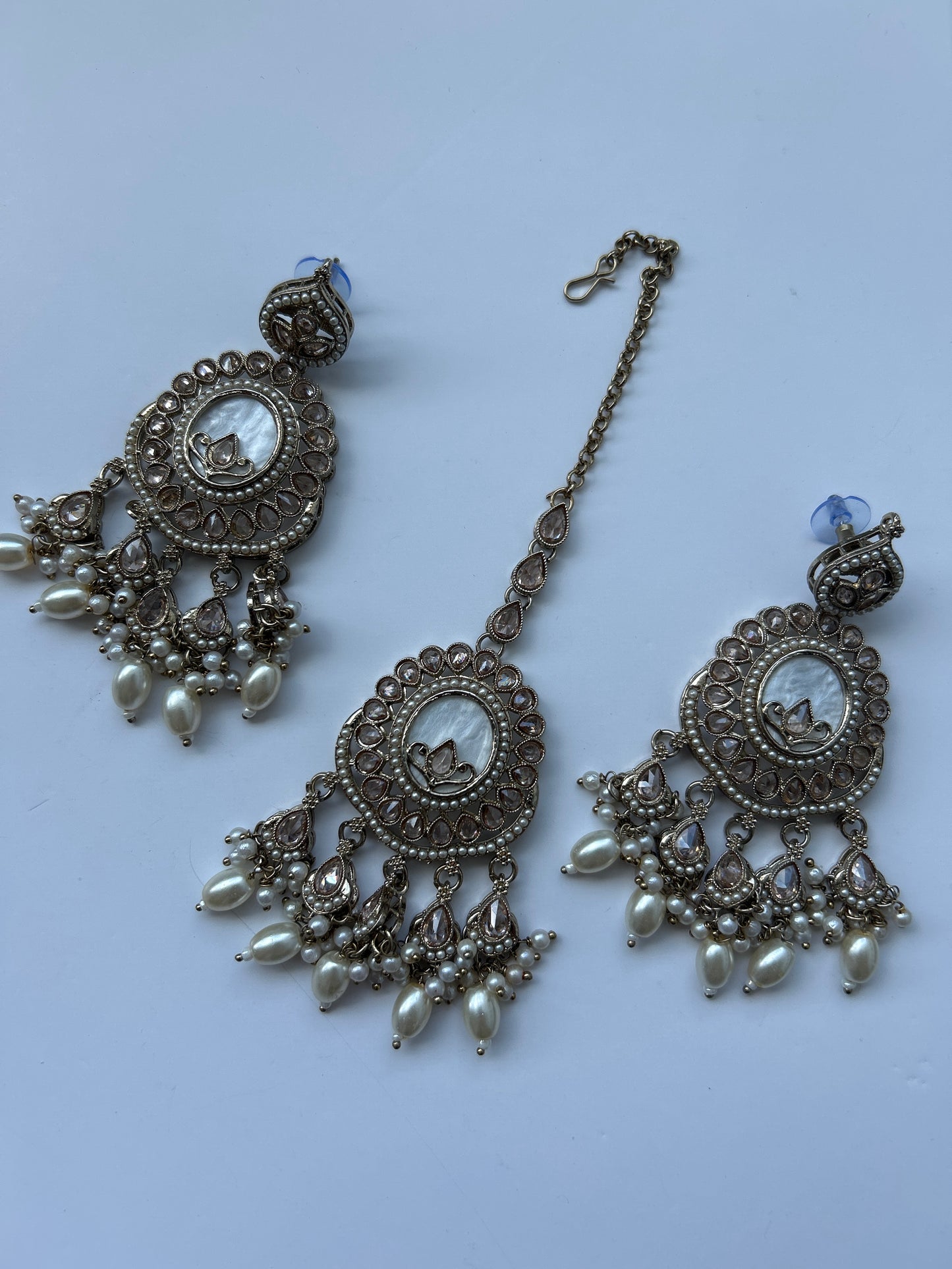 Marble Pearl Gold Necklace Earrings Tikka Set