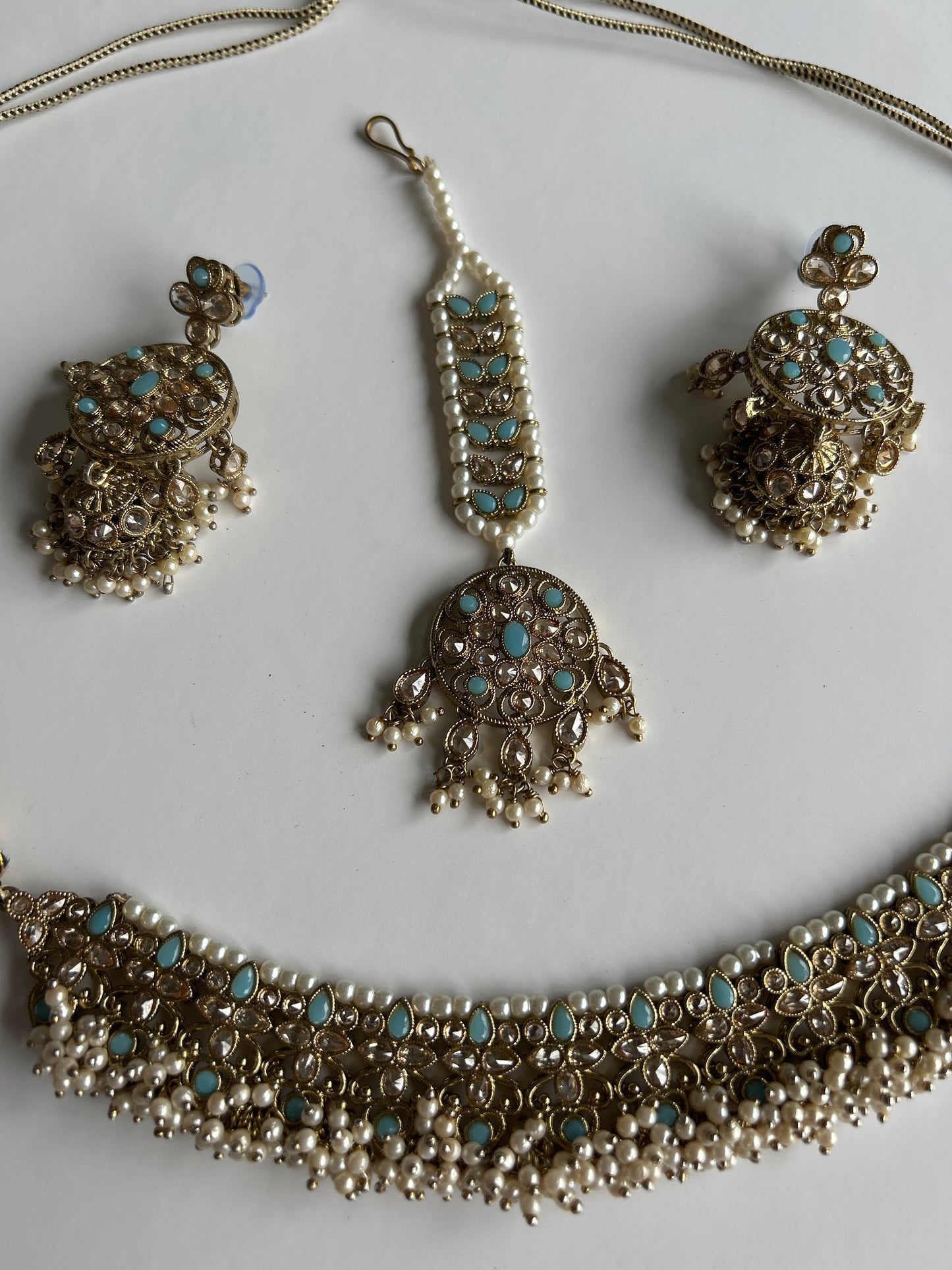 Aqua Pearls Necklace Earrings Tikka Set