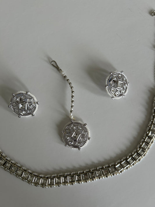 Square Silver Necklace Earrings Tikka Set