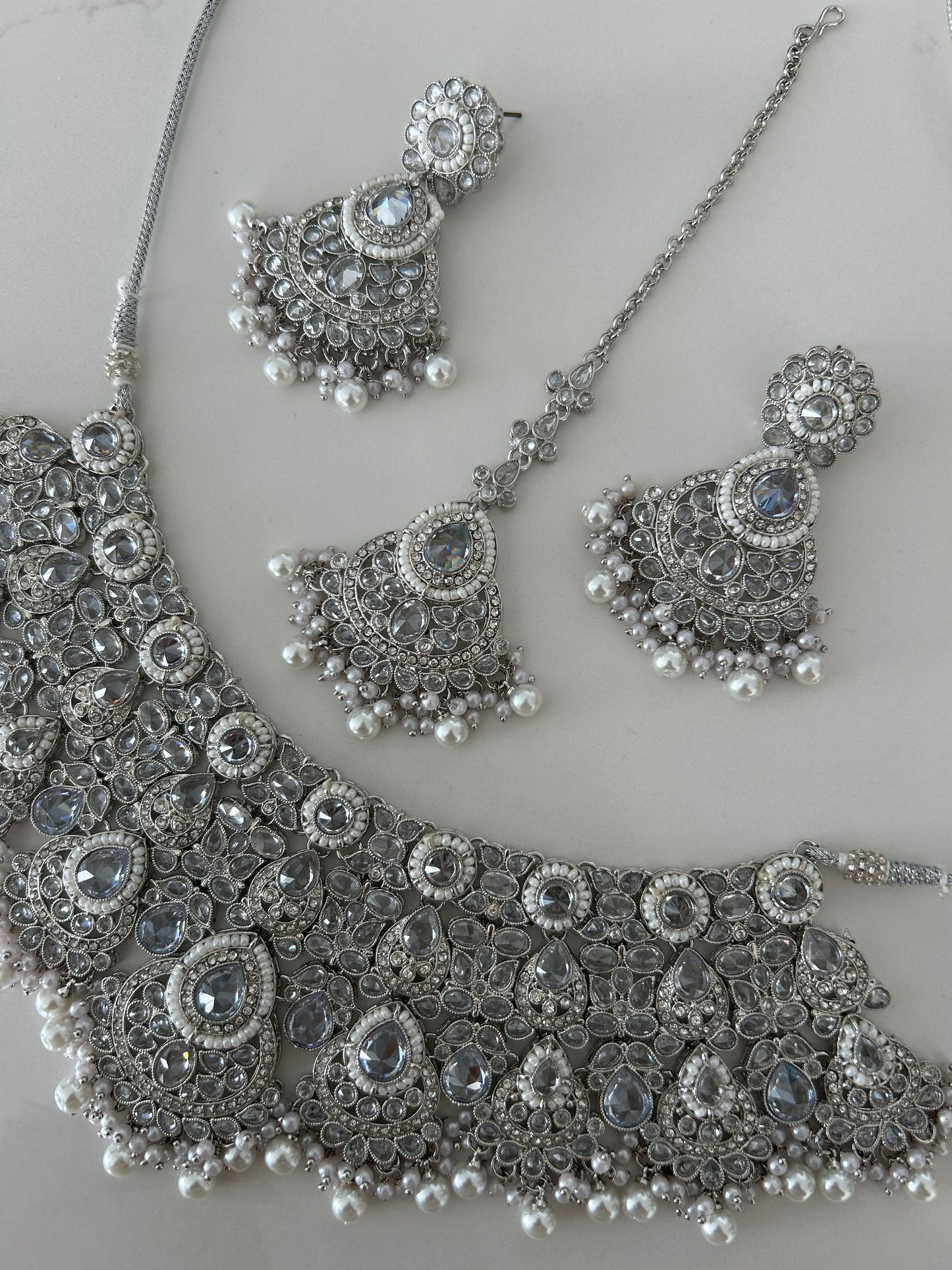 Silver Glam Necklace Earrings Tikka Set