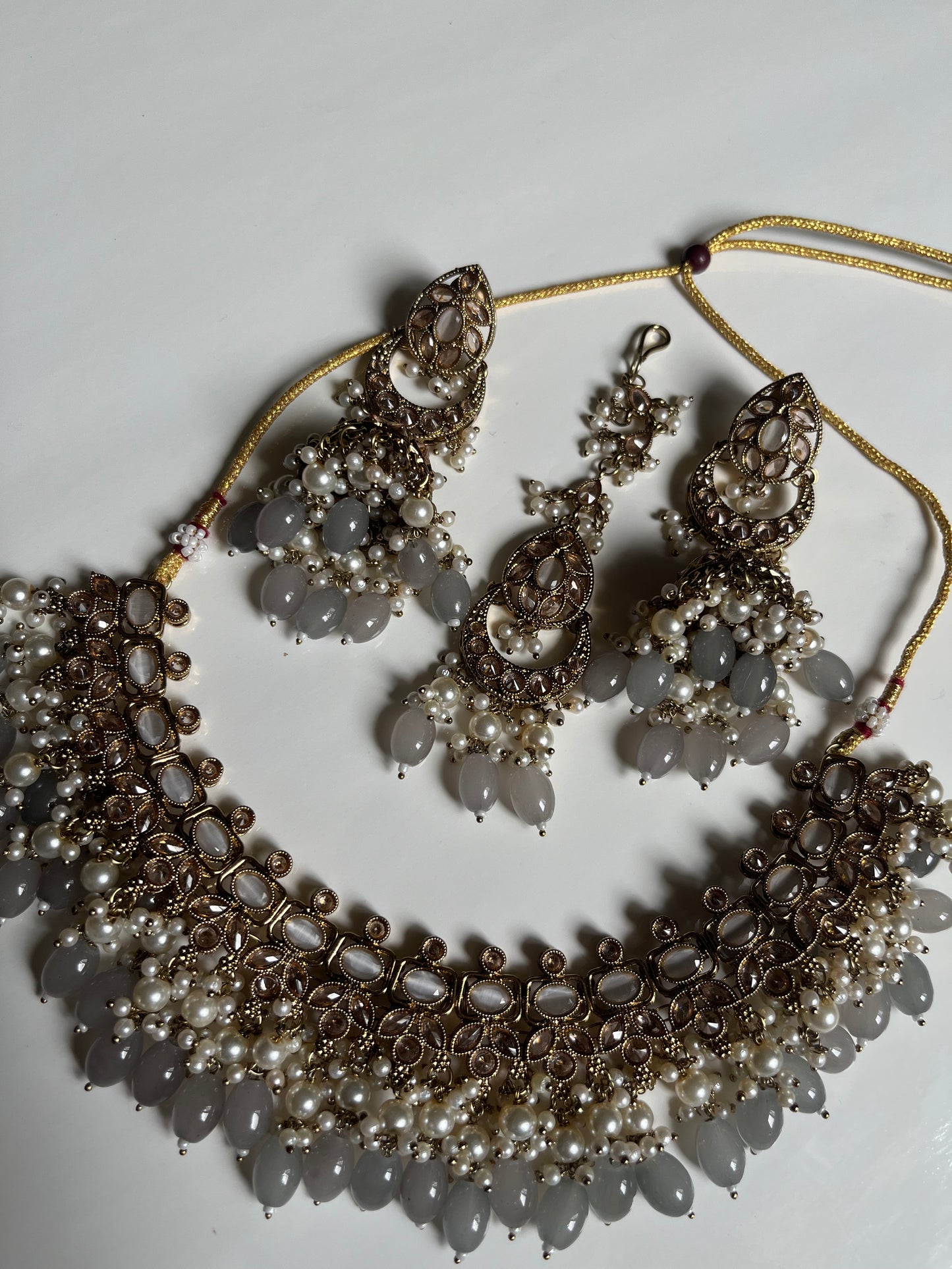 Grey Polki Necklace Earring Tikka Set